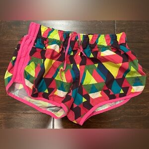 Women’s Adidas Pink/Blue/Green Lined Running Geometric Shorts- Size Medium